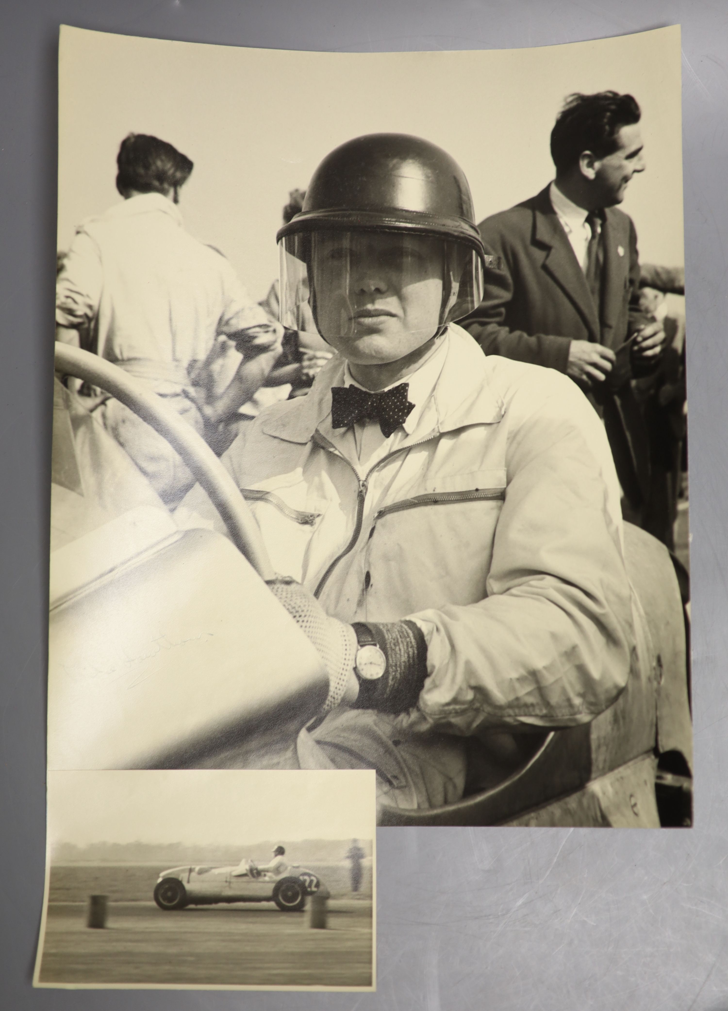 Daphne Rice - motor racing interest, four monochrome photographs of Mike Hawthorn, one signed